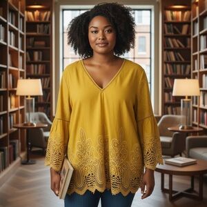 Chico’s‎ Embroidered Bell Sleeve Top Mustard Boho Artsy